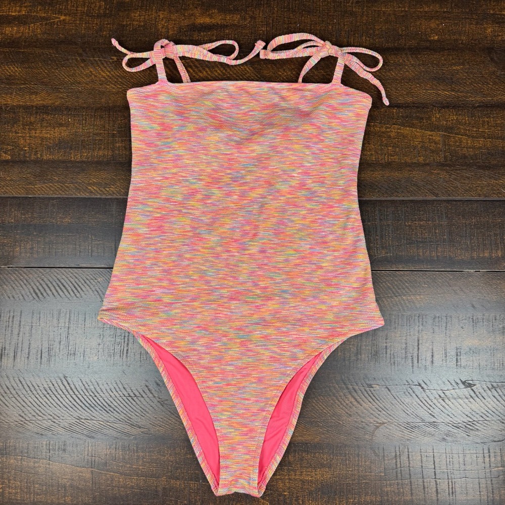 Aerie One Piece Cheeky Swimsuit Pink Space Dye Large Tie Shoulder Beachwear